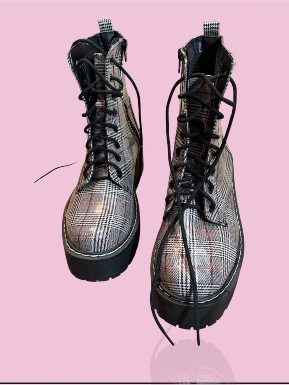 Soda Plaid Lace-Up Combat Boots in Black and Gray with Red Accent